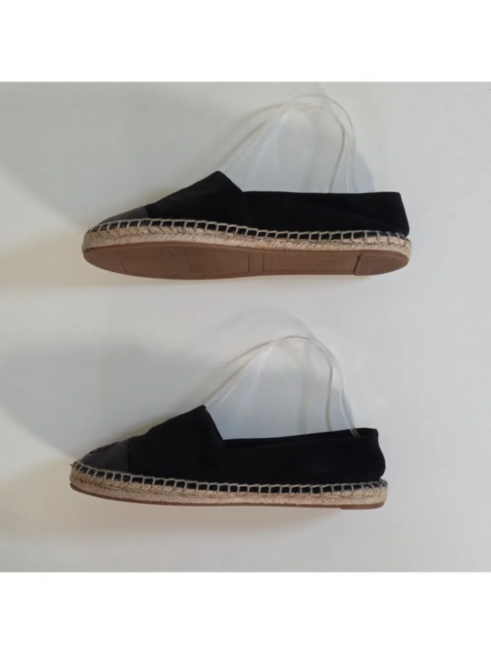 Tory Burch Espadrille Flats Shoes Women 8M Black Suede Leather Cap Toe Double T